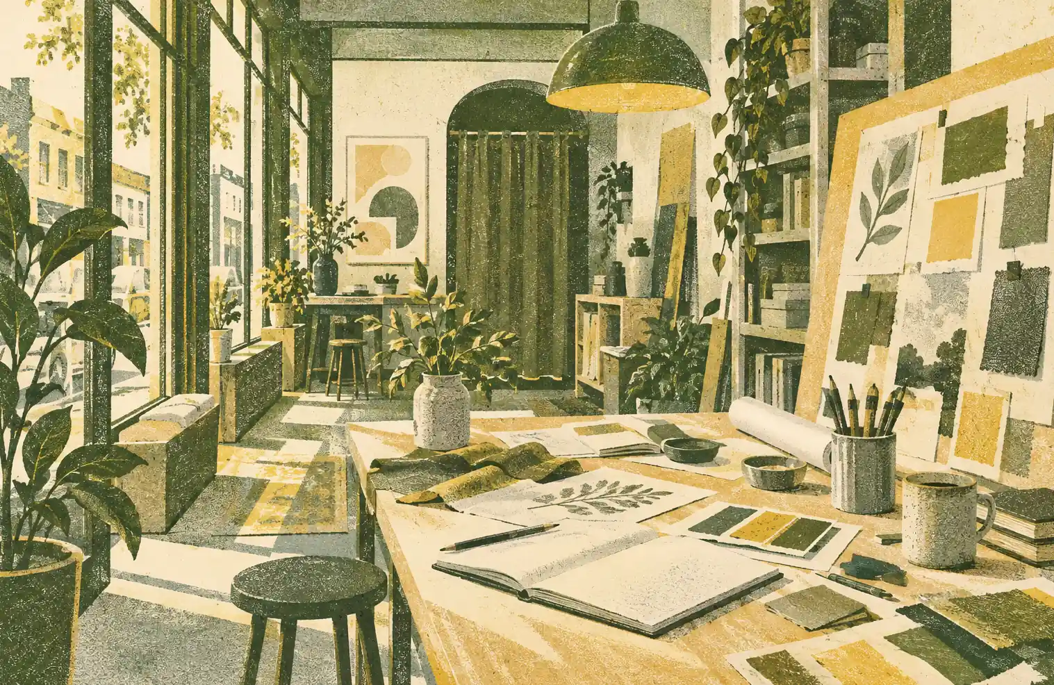 Illustration of marketing and creative businesses and their working space
